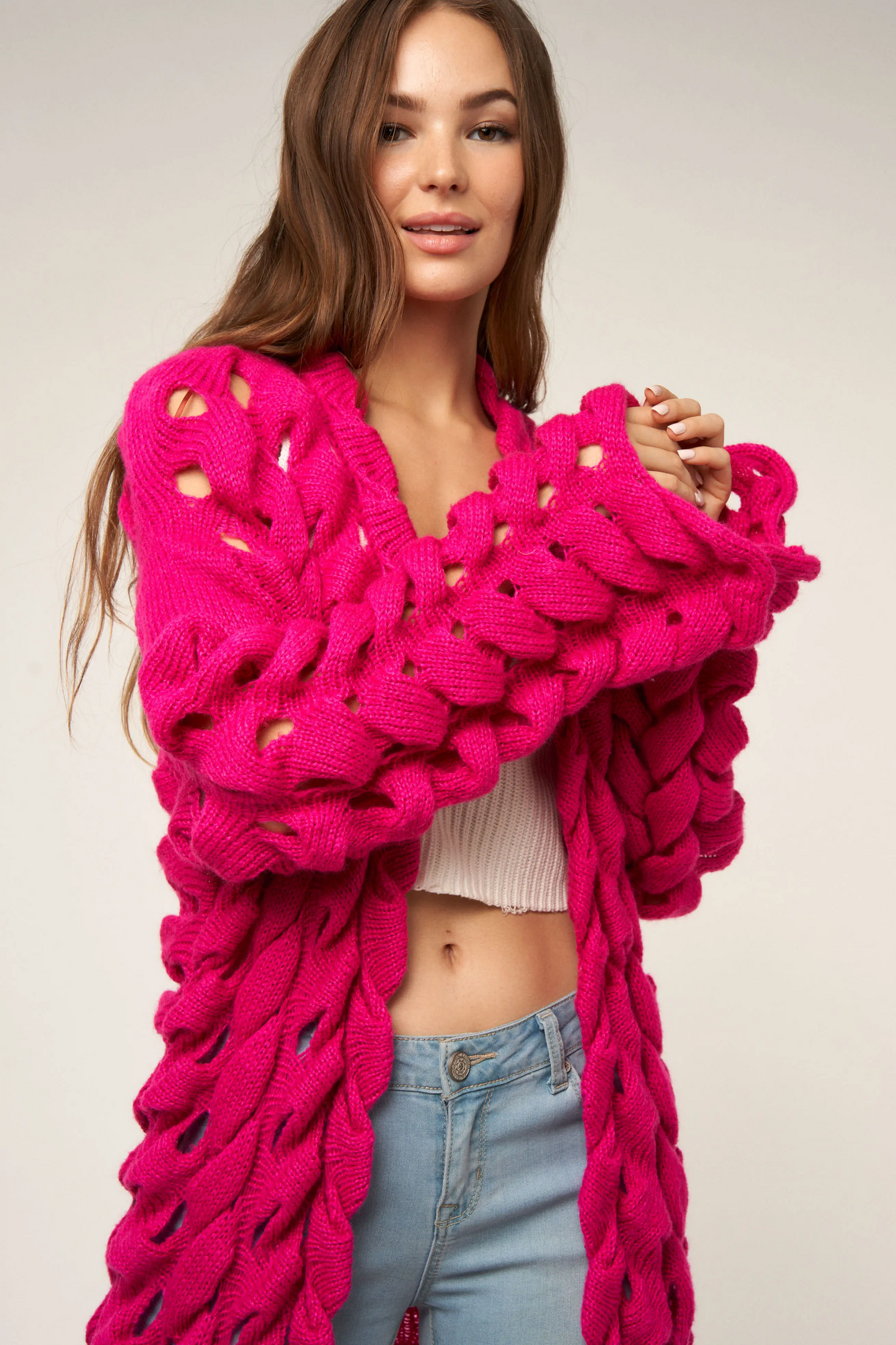 Fuchsia Chunky Knit Cardigan