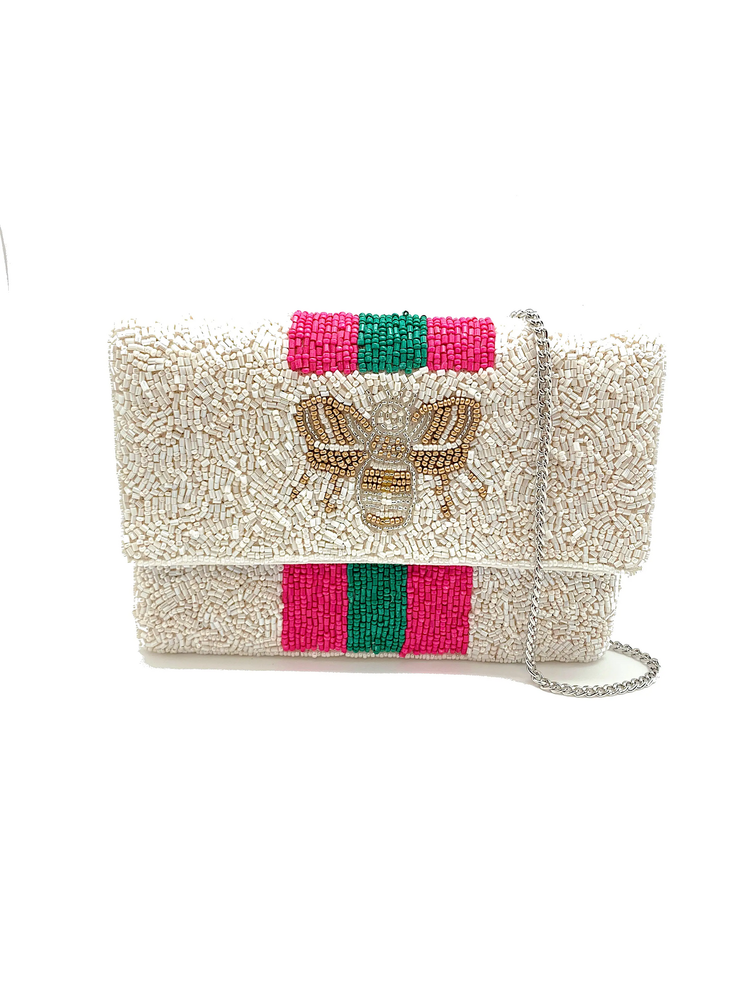 Ivory Beaded Clutch with Bee and Stripe Detail