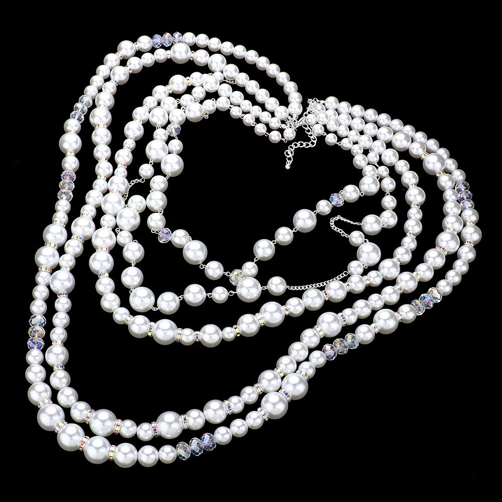 Multi-Layered Long Pearl Statement Necklace Set