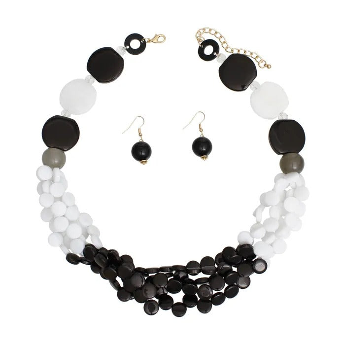 Retro Marbled Black and White Bead Necklace Set