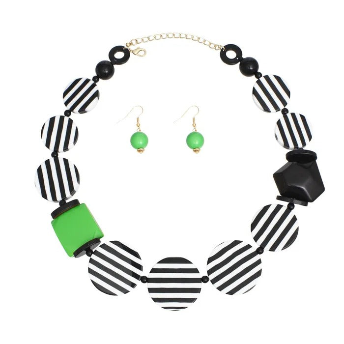 Bold Striped Bead Necklace Set with Green Accents