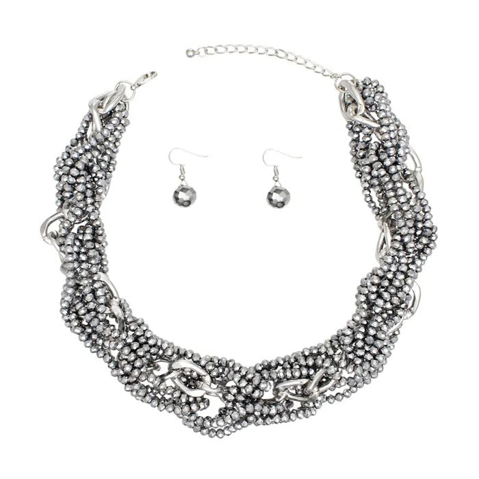 Silver Beaded Chain Statement Necklace Set