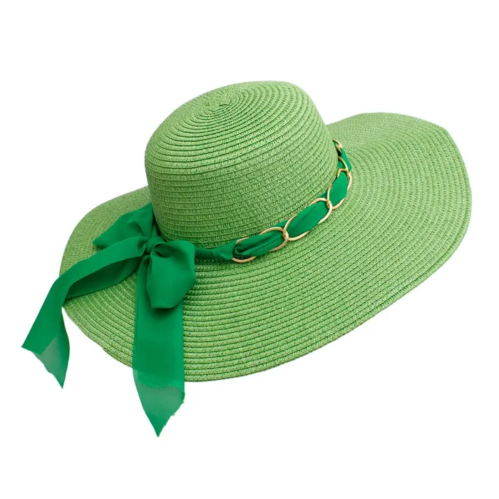 Green Straw Hat with Chain & Ribbon Detail