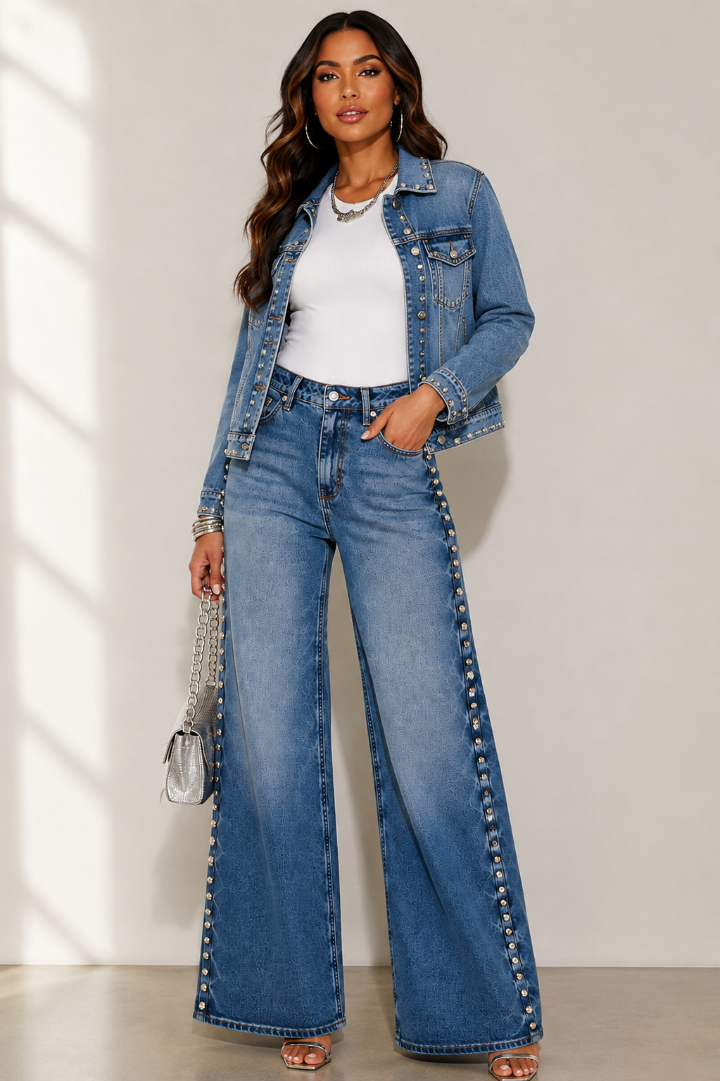 Stud Wide Leg Denim Jeans