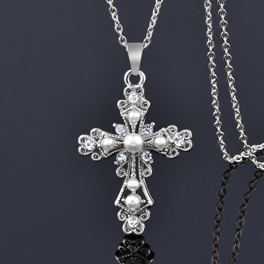 Cross Pendant Necklace w/ Pearl Accents