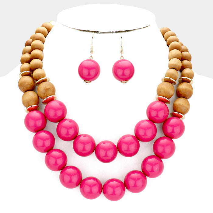 Wood Ball Double Strand Necklace Set