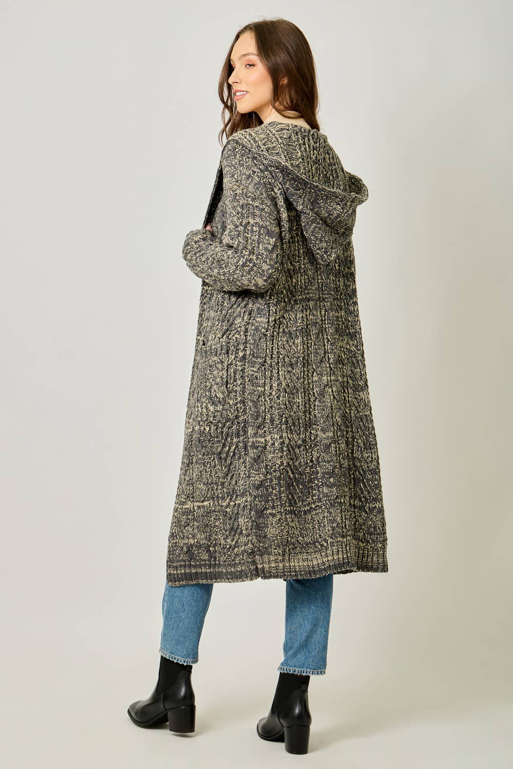 Sweater Open Long Hooded Cardigan D: Melange Charcoal / Small
