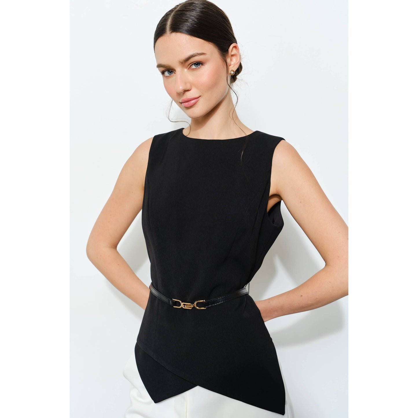 Luxe Belted Asymmetric Hem Sleeveless Blouse Top: BLACK