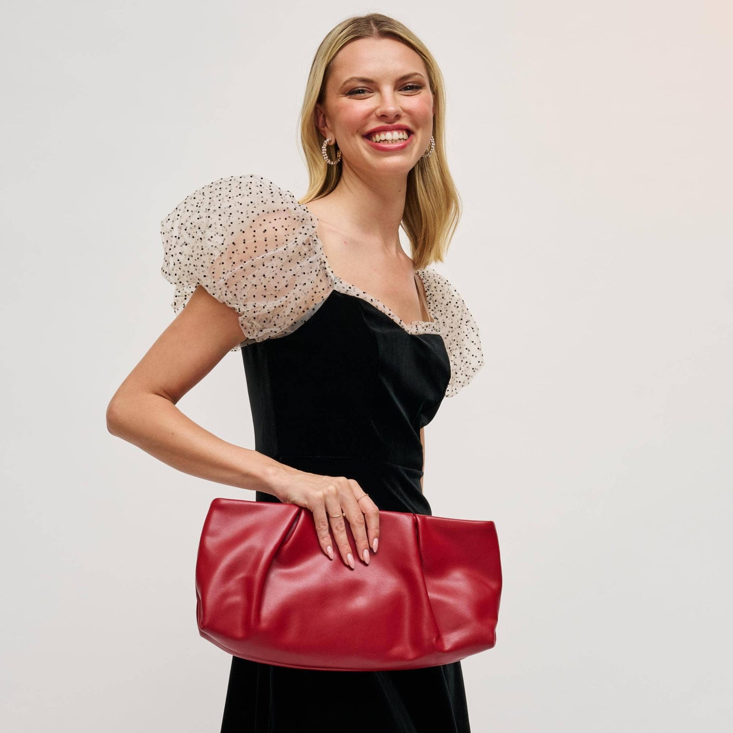 Pleated Vegan Leather Frame Clutch: Red