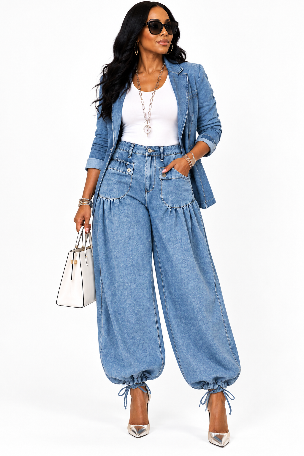 Statement Wide Leg Denim Pants with Tie Hem