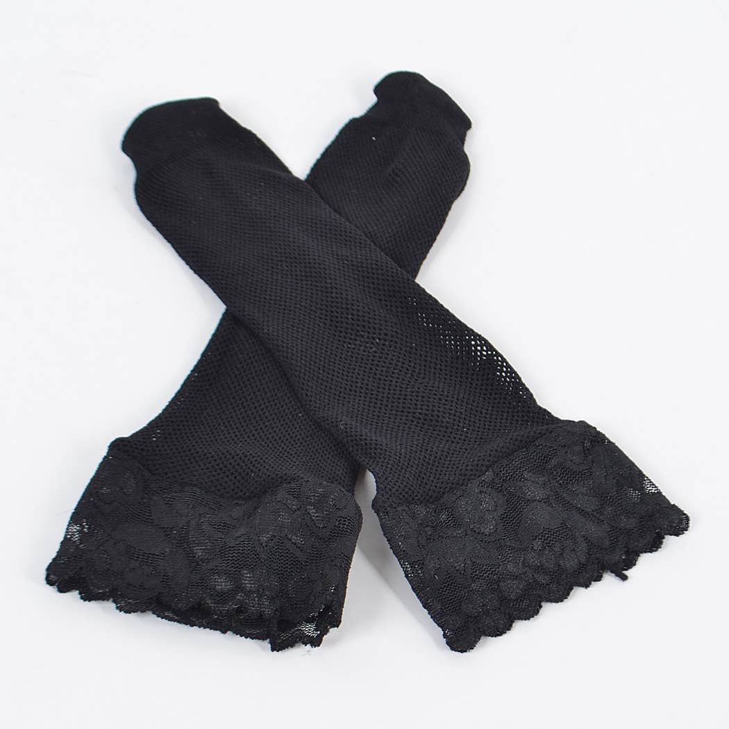 Black lace-trimmed gloves on a white background