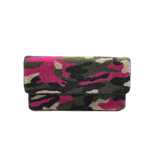 Pink Camo Beaded Clutch – Handcrafted Evening Bag with Detachable Chain Strap