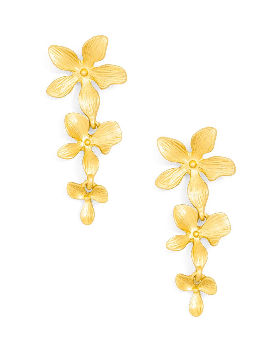 Gold floral earrings on a white background