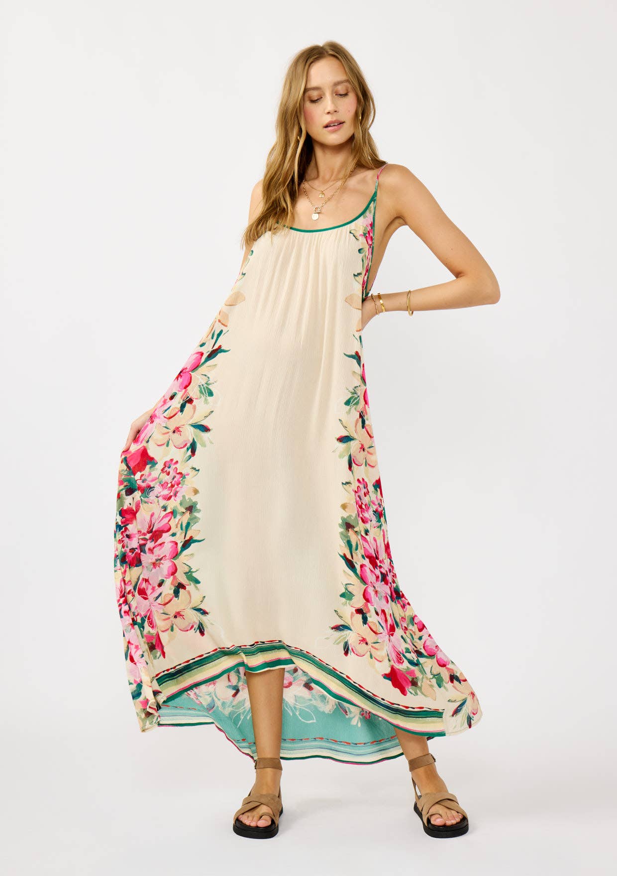 Spaghetti Strap High-Low Cover-Up Maxi Dress: IVORY/GREEN