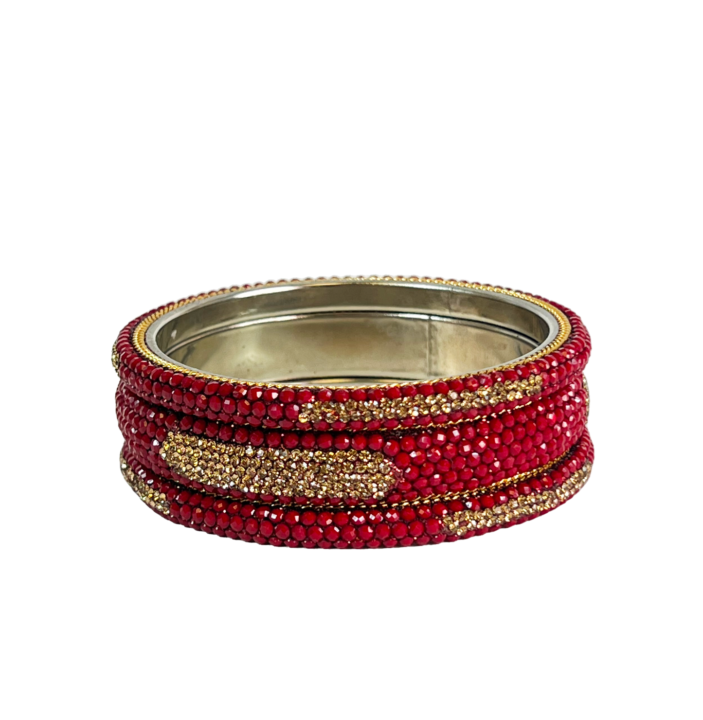 Stack of red and gold bangles on a white background