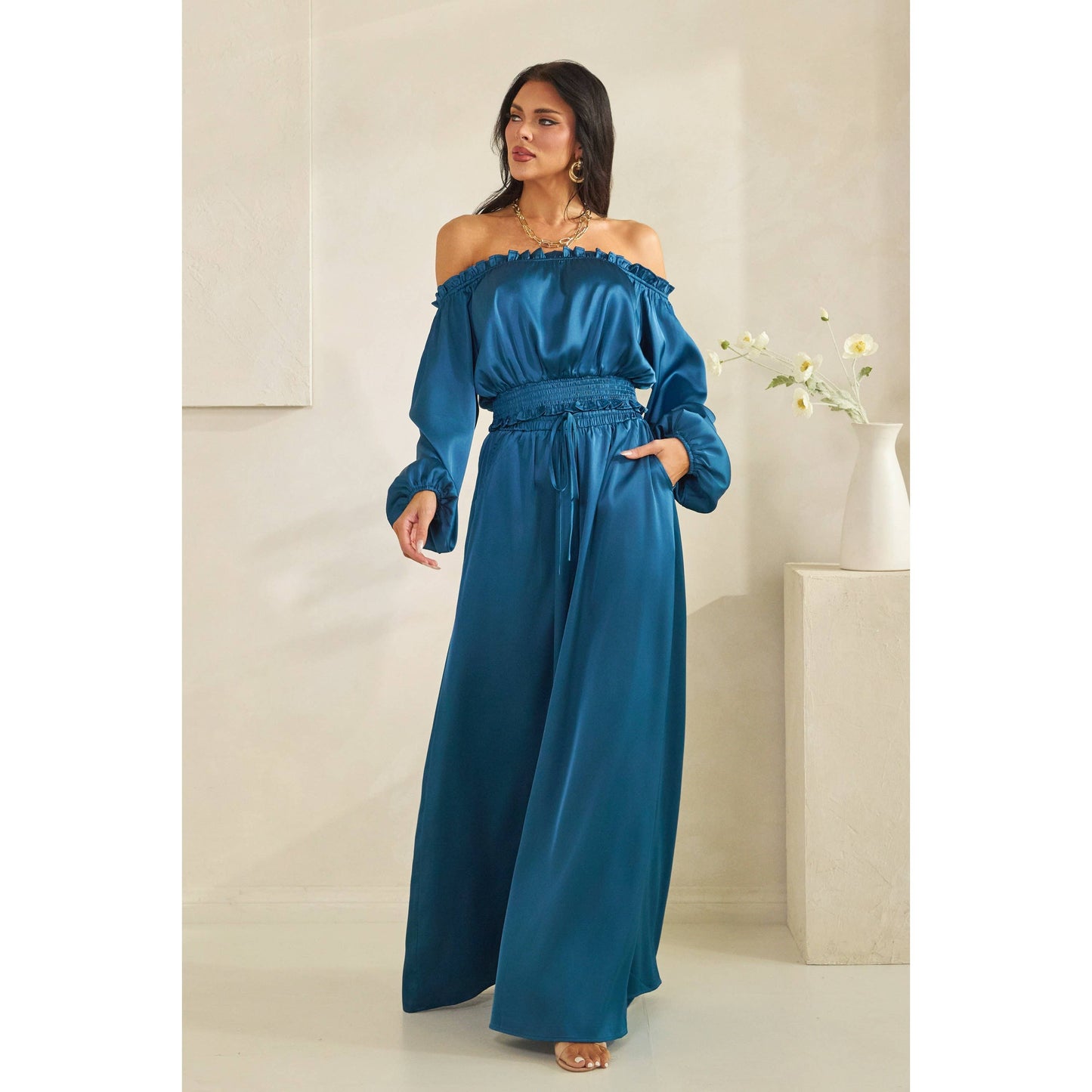 Satin Off-Shoulder Palazzo Pants Set | Women's Two-Piece Outfit | B'Jeweled Jewelry & Accessories