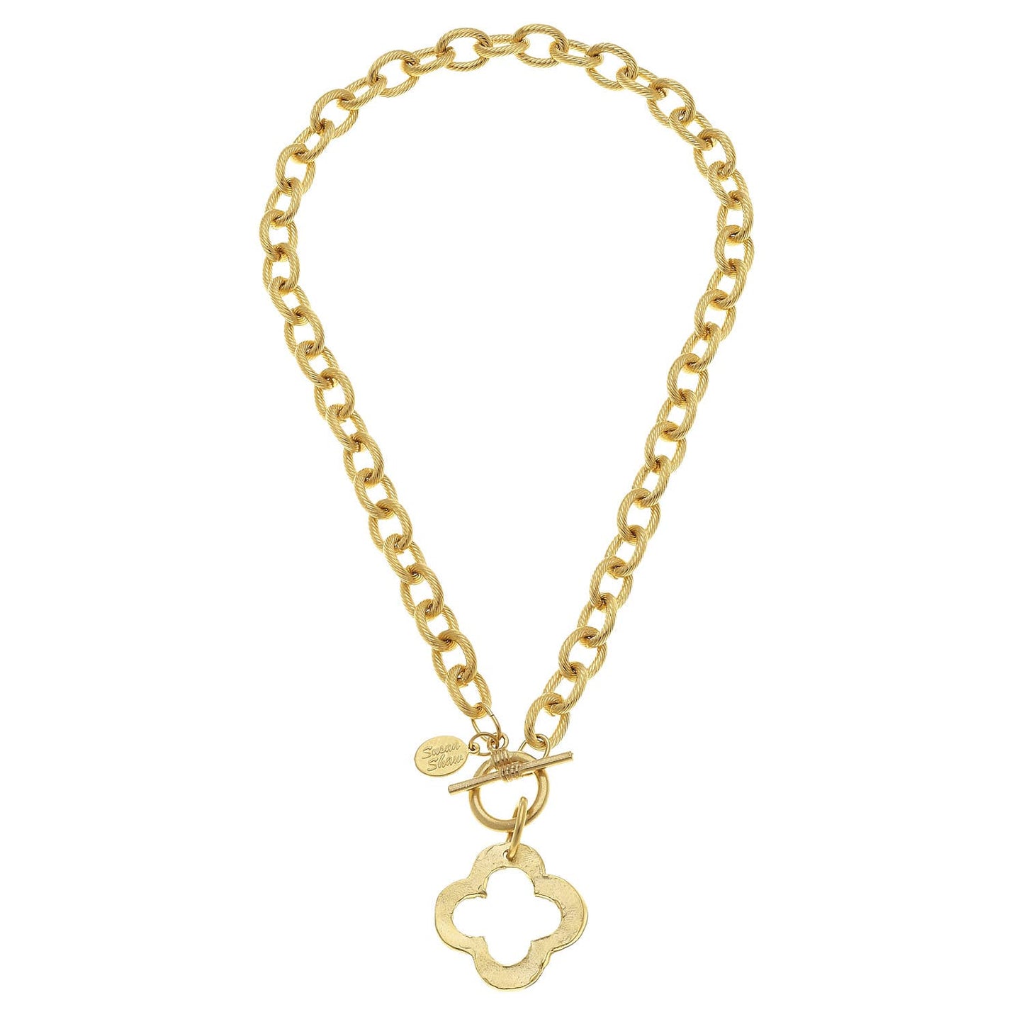 Susan Shaw gold quatrefoil statement necklace with chunky textured chain and hammered pendant, handcrafted in the USA