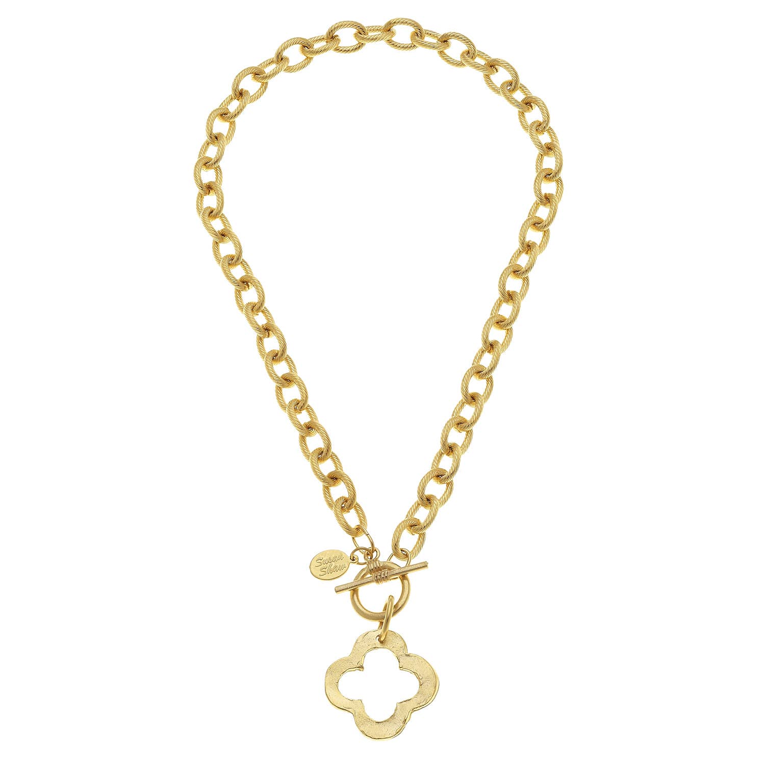 Susan Shaw gold quatrefoil statement necklace with chunky textured chain and hammered pendant, handcrafted in the USA