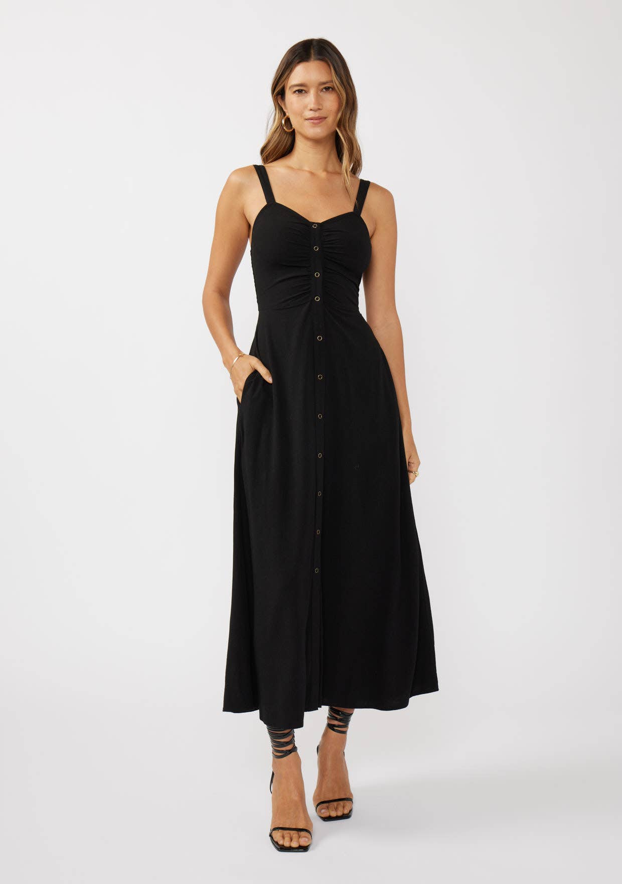 V-Neck Ruched Button Down Maxi Dress: Tomato