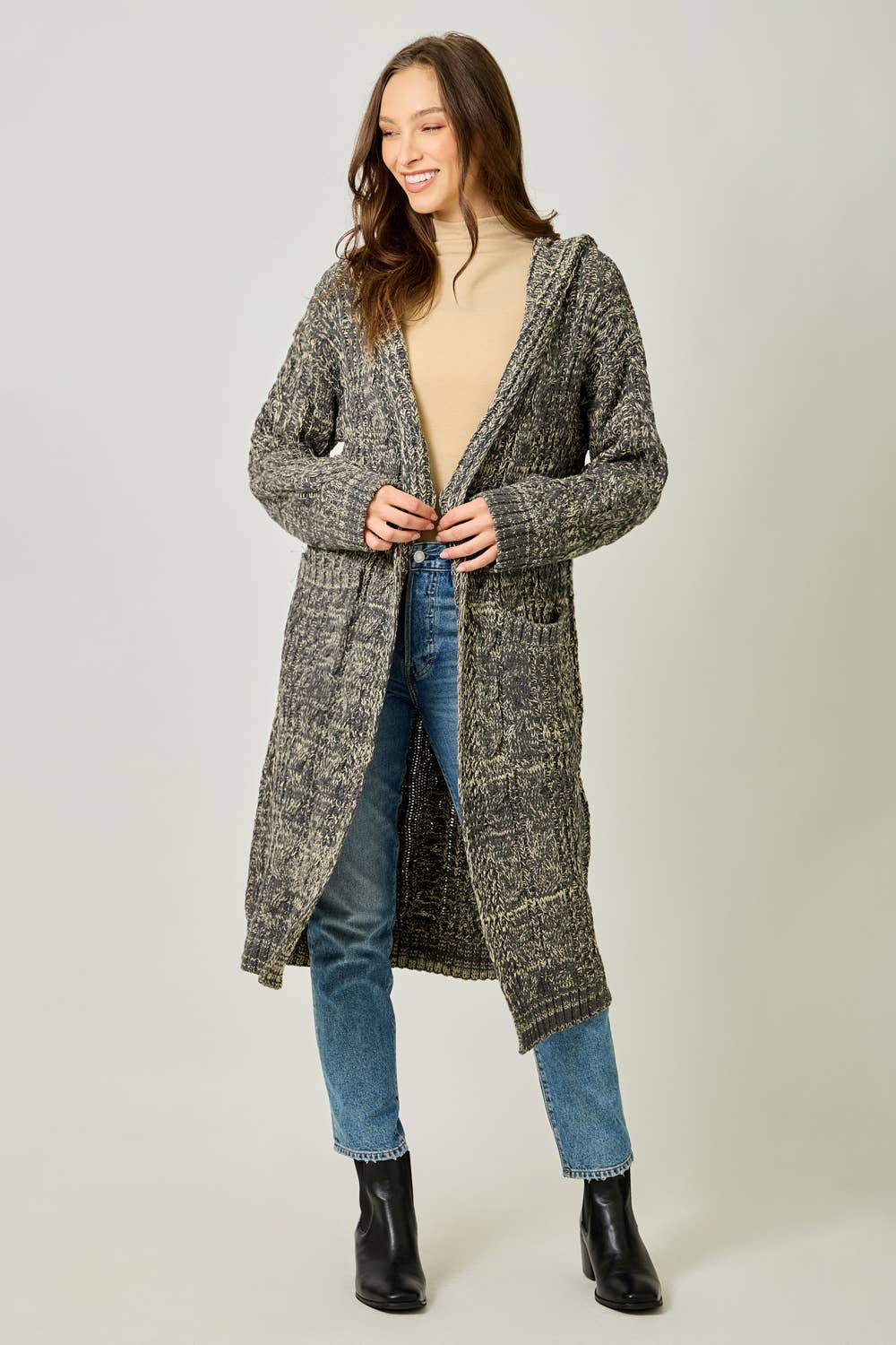 Sweater Open Long Hooded Cardigan D: Melange Charcoal / Small