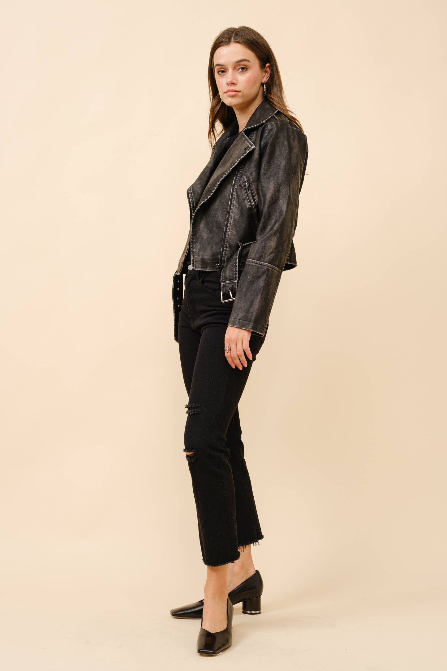 Washed Leather Moto Jacket: WASHED BLACK / S