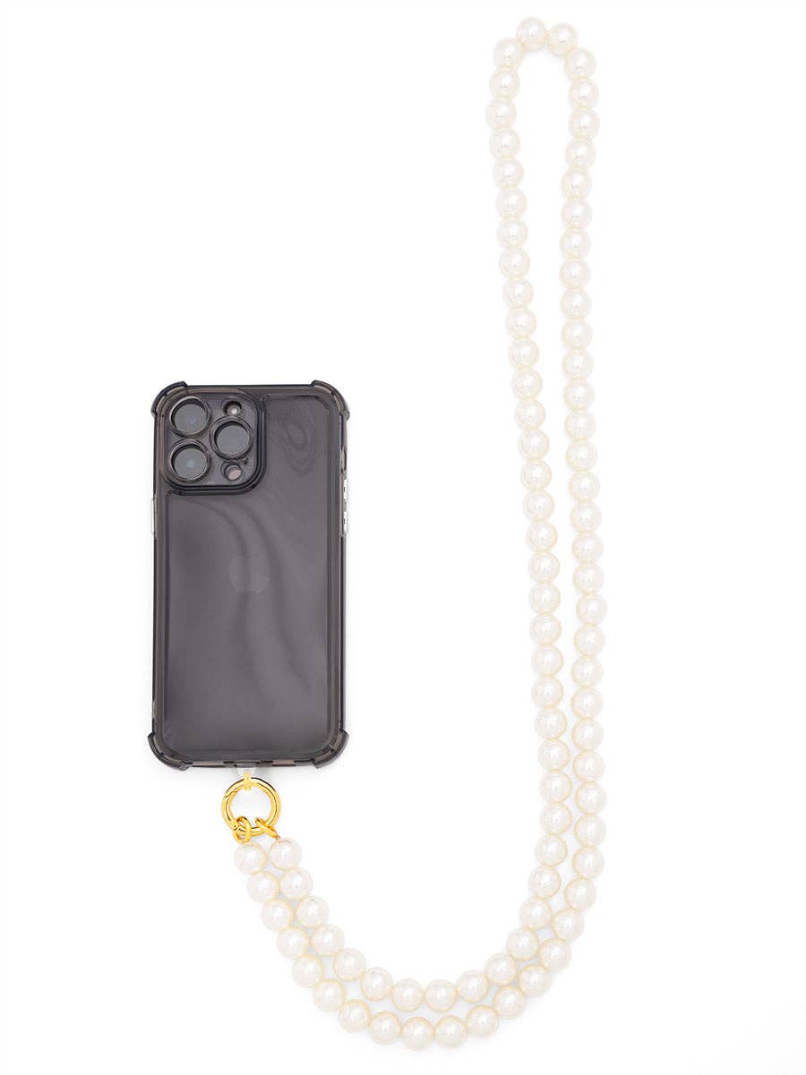 Black phone case with a pearl necklace strap on a white background