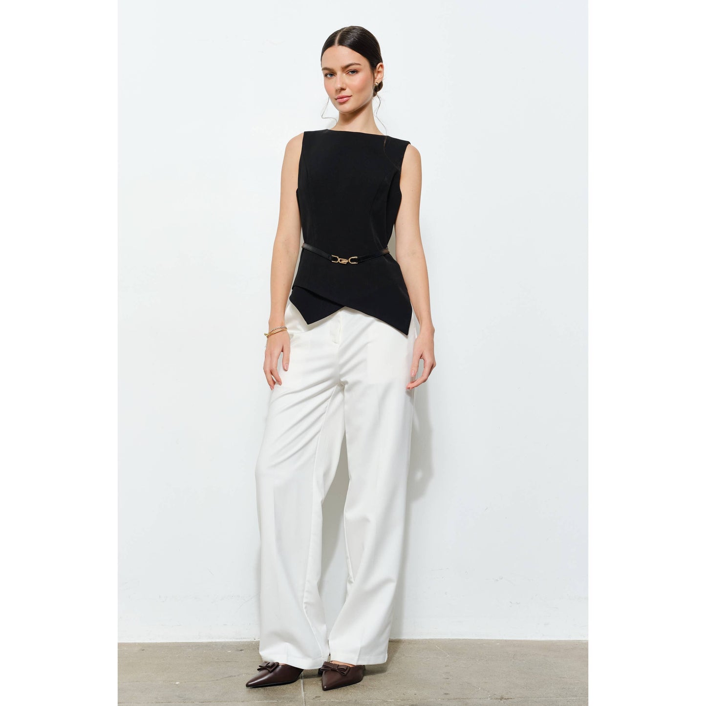 Luxe Belted Asymmetric Hem Sleeveless Blouse Top: BLACK