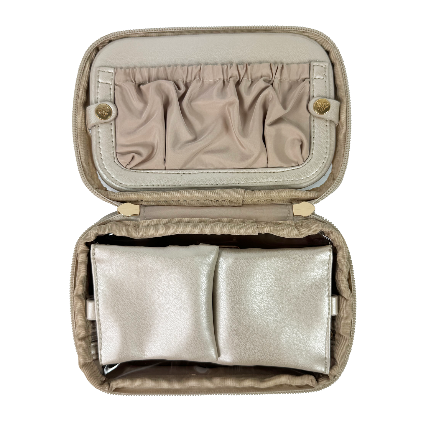 Open beige jewelry case with two silver jewelry pieces inside on a white background