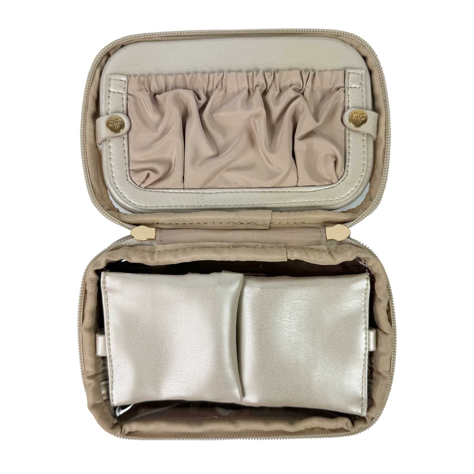 Open beige jewelry case with two silver jewelry pieces inside on a white background