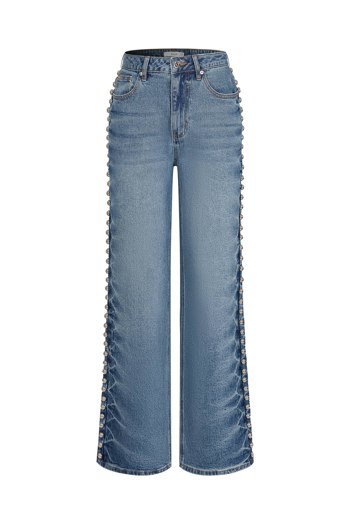 Light blue wide-leg denim jeans with decorative silver-tone studs running down the outer sides of the legs, shown against a plain white background.