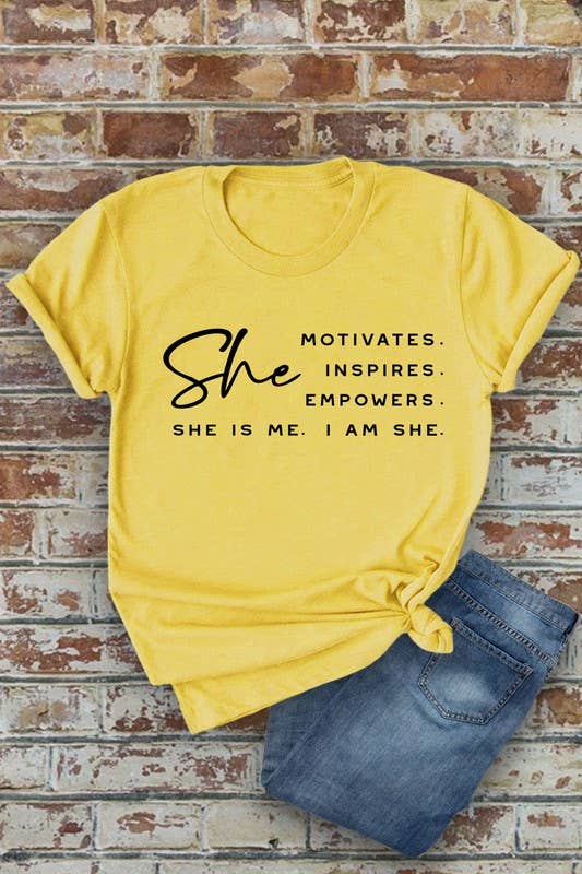 She Motivates, Inspires, Empowers, She Is Me, I Am She, Unisex Round Neck T-Shirt: Light Gold / M