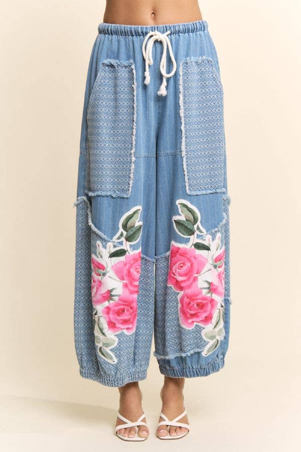 Floral Patchwork Denim Pants for Women | Drawstring Waist Jeans