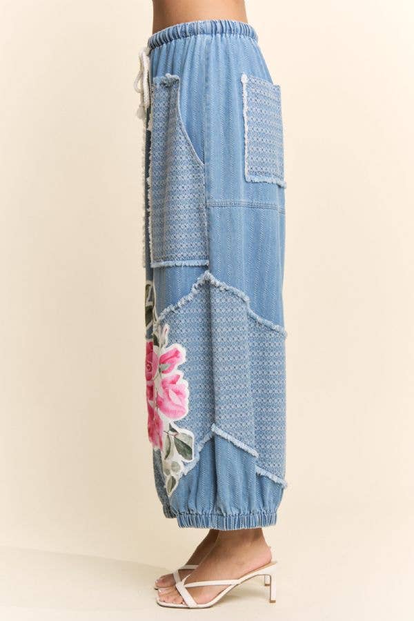 Floral Patchwork Denim Pants for Women | Drawstring Waist Jeans