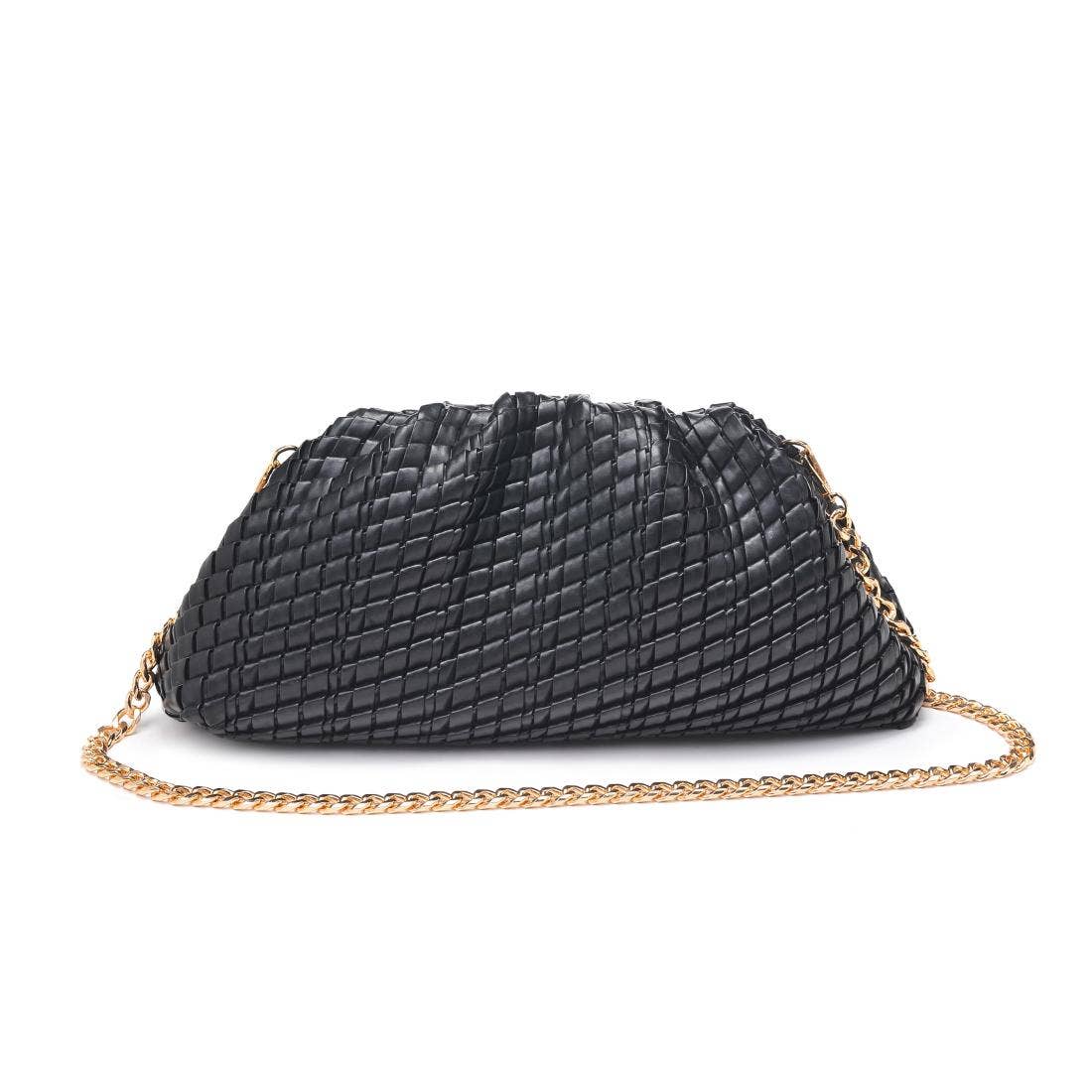Black woven handbag with a gold chain on a white background