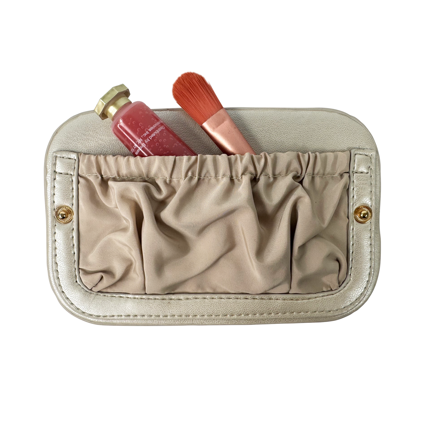 Beige cosmetic pouch with a pink lip gloss and brush on a white background