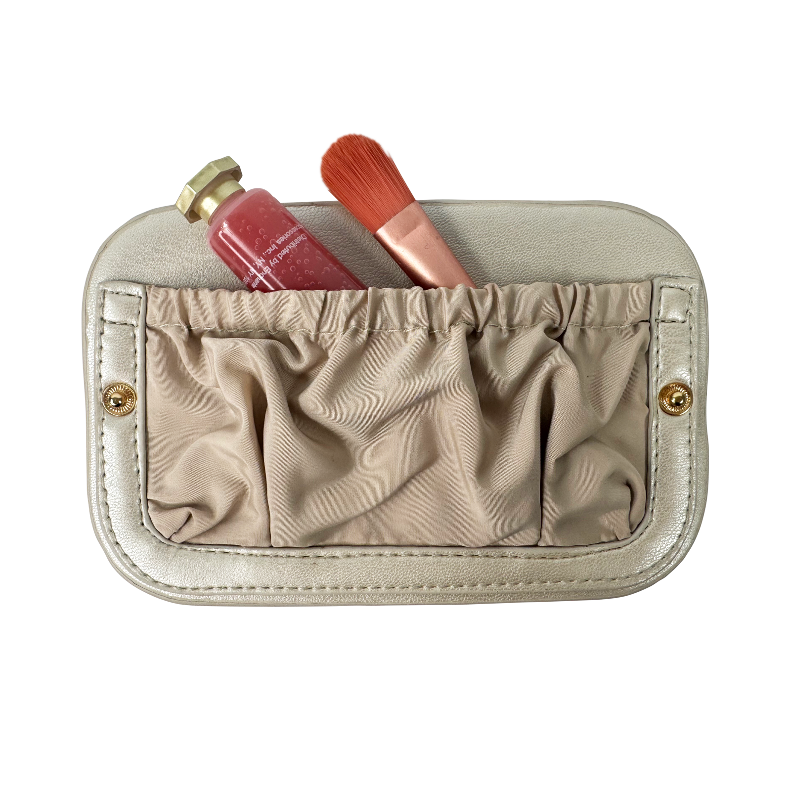 Beige cosmetic pouch with a pink lip gloss and brush on a white background