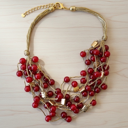 Gold necklace with red beads on a light wood surface