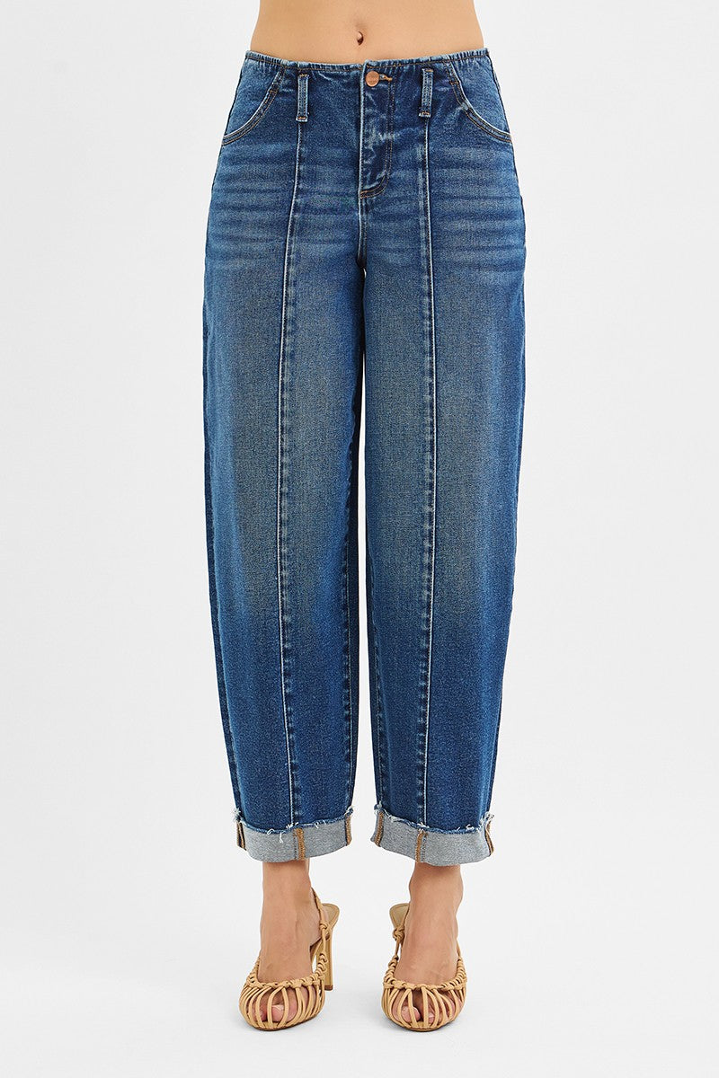 RISEN High Rise Front Seam Barrel Jeans – Dark Wash