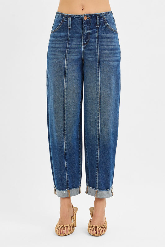 RISEN High Rise Front Seam Barrel Jeans – Dark Wash