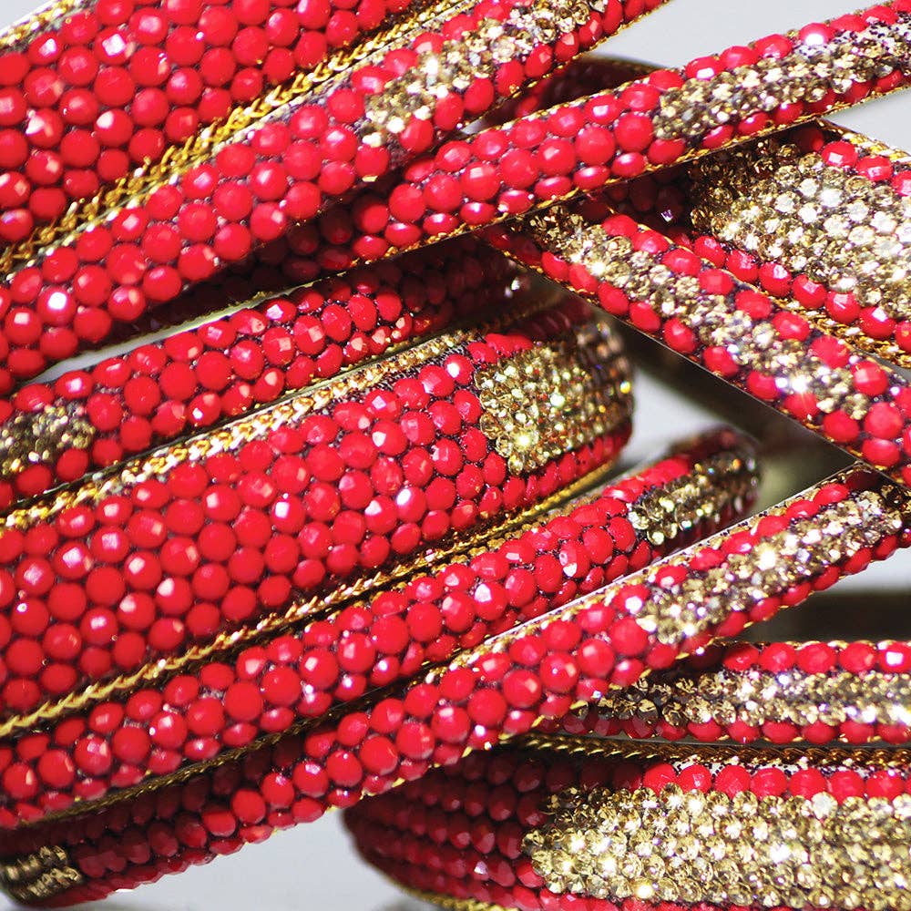 Close-up of red and gold beaded trim