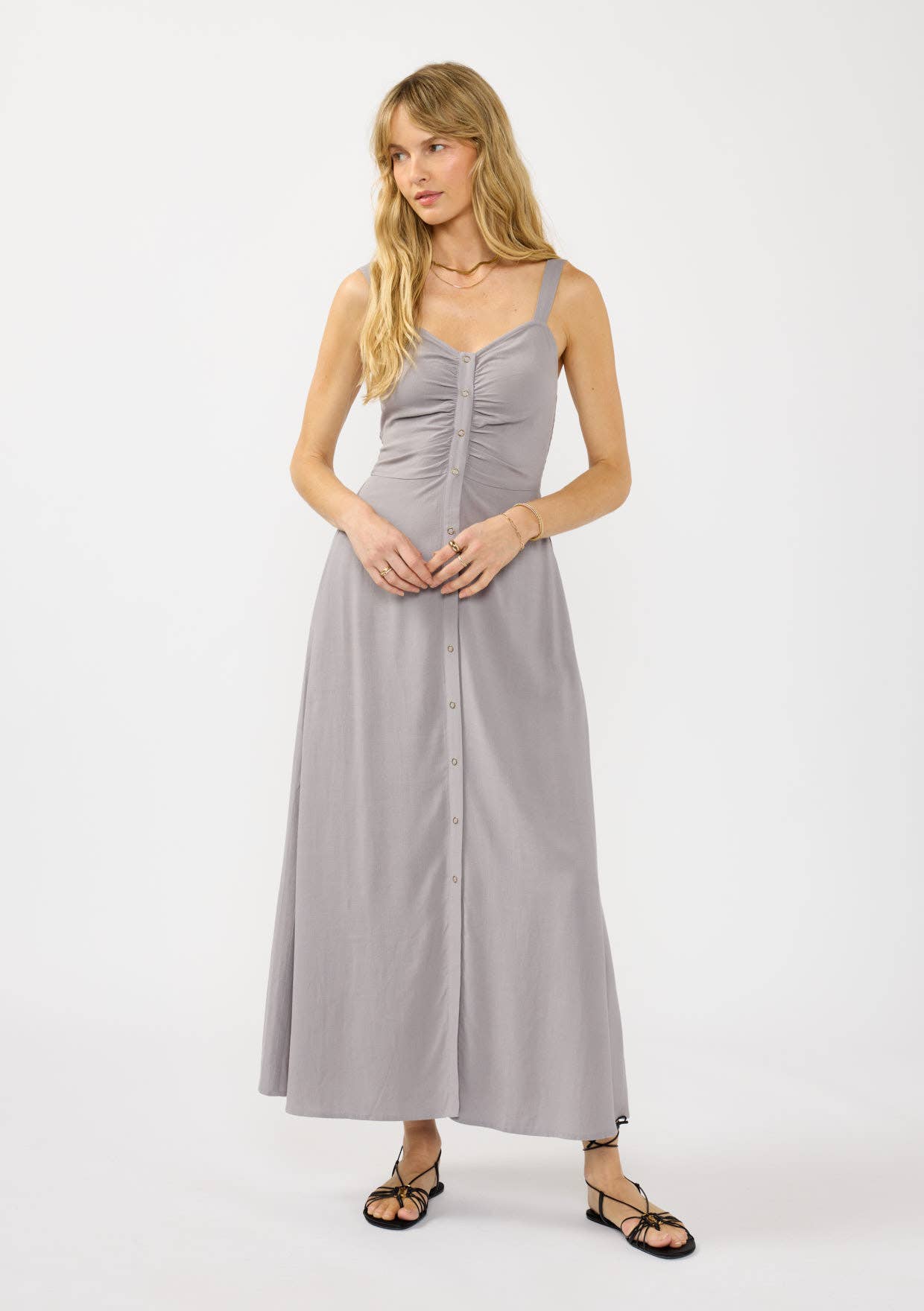 V-Neck Ruched Button Down Maxi Dress: Tomato