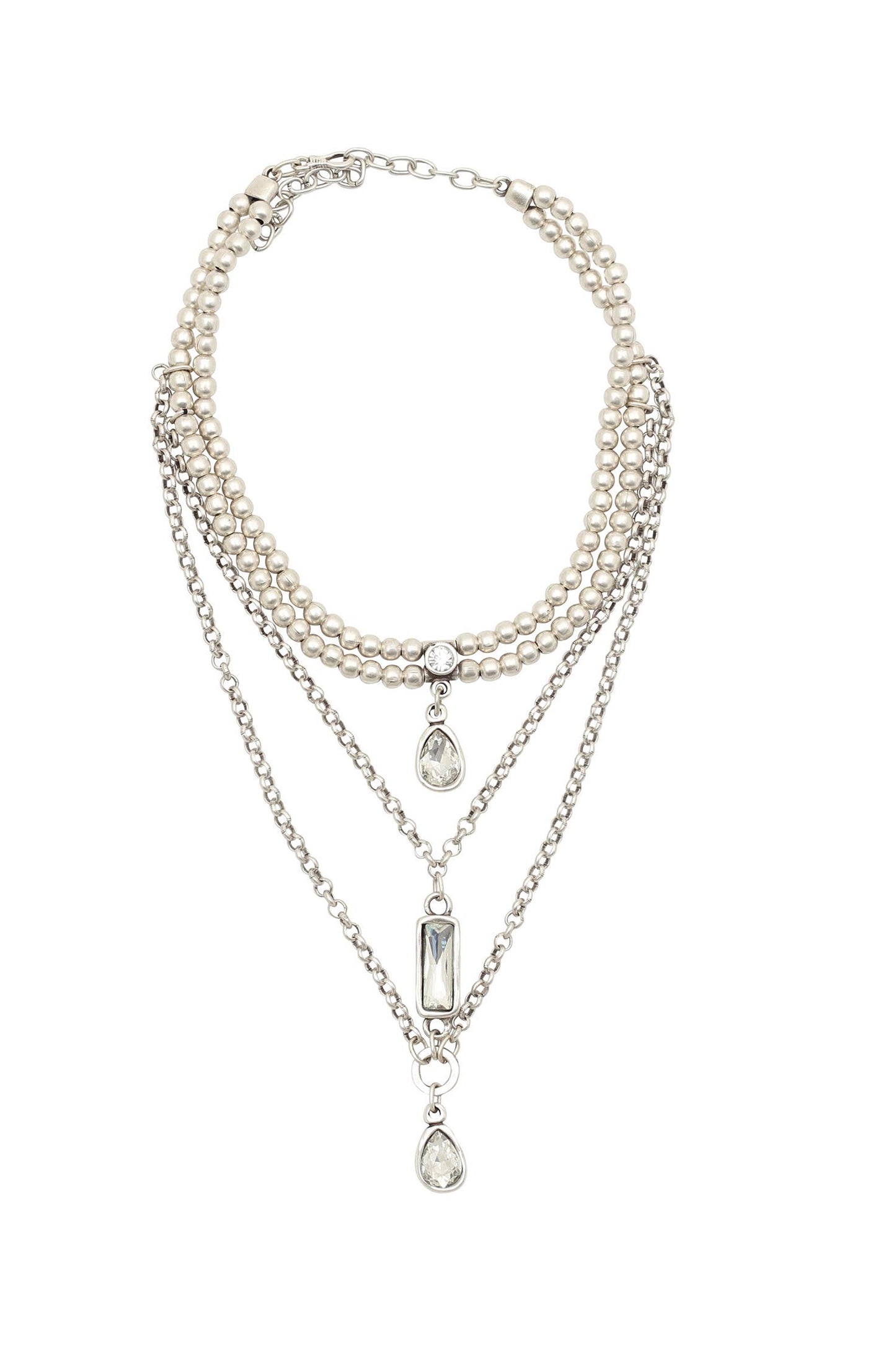 Multi-layered pearl necklace with silver chains on a white background