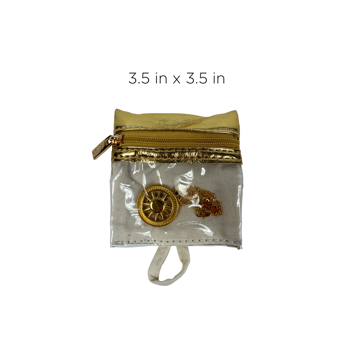 Clear pouch with gold zipper and accessories on a white background
