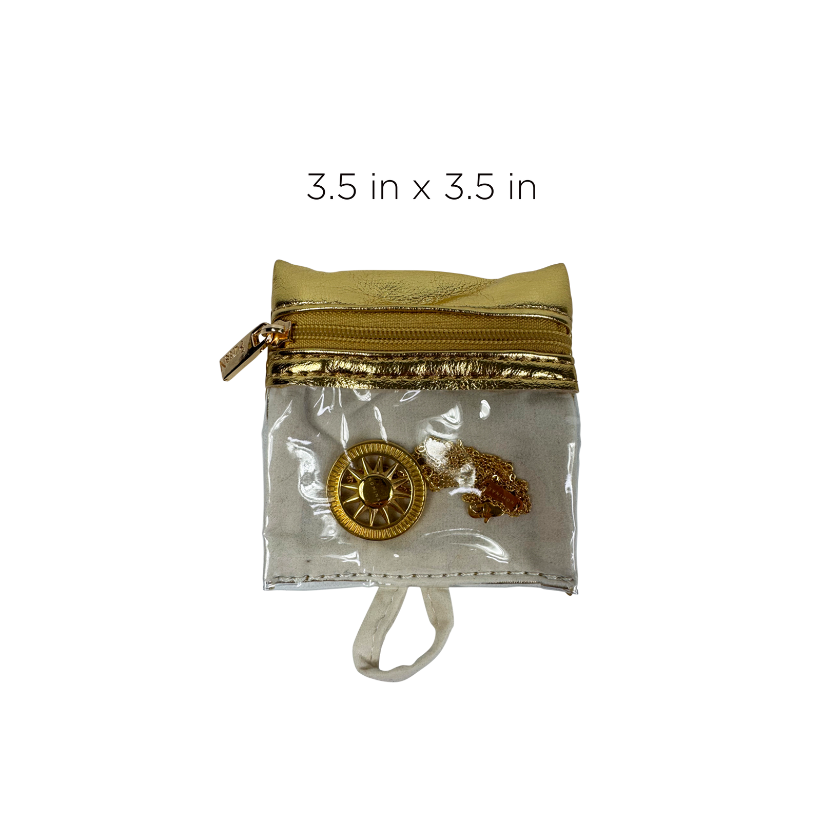Clear pouch with gold zipper and accessories on a white background