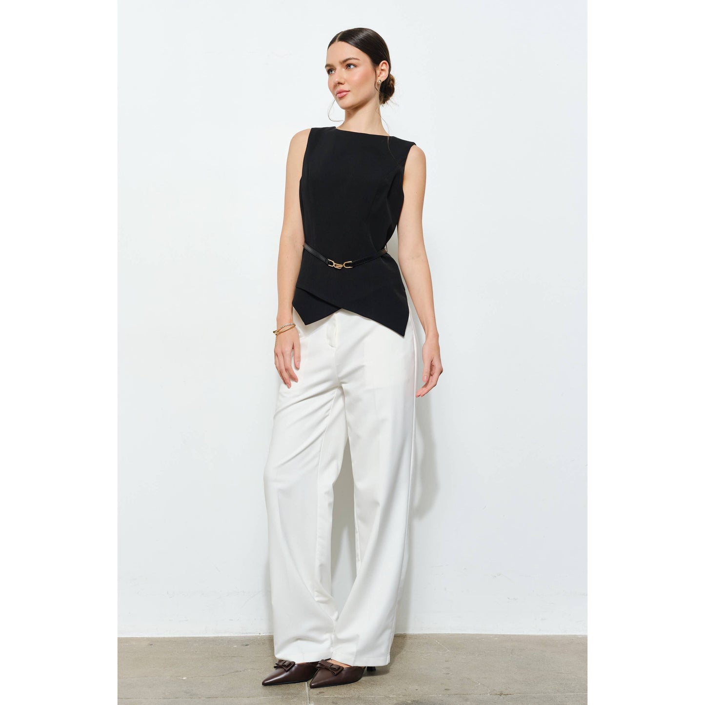 Luxe Belted Asymmetric Hem Sleeveless Blouse Top: BLACK