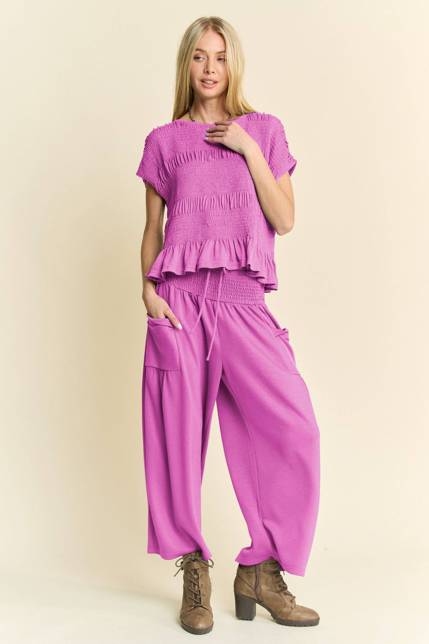 Smocked Ruffle Top & Wide Leg Pant Set