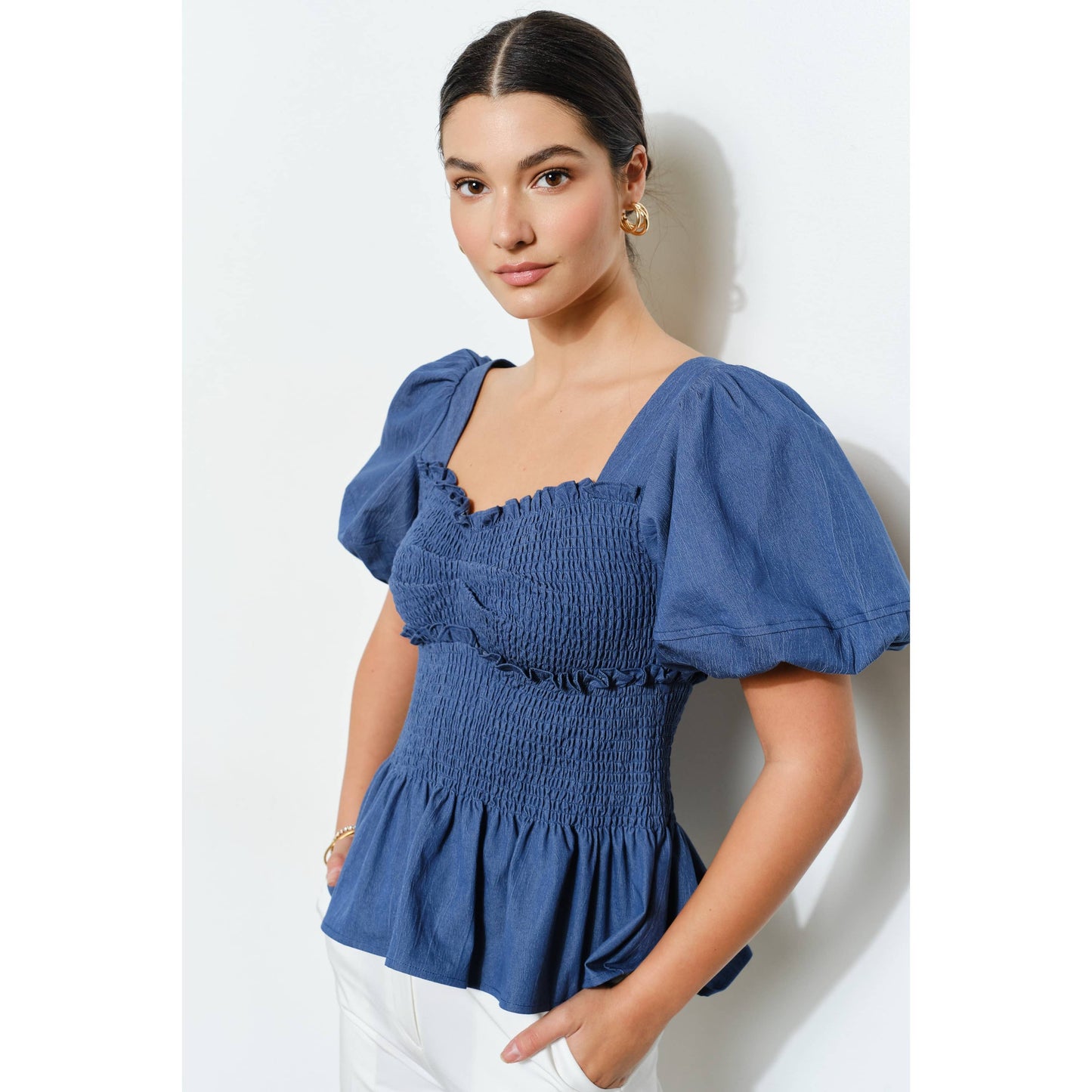 Stretch Denim Sweetheart Bubble Sleeve Top