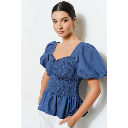 Stretch Denim Sweetheart Bubble Sleeve Top