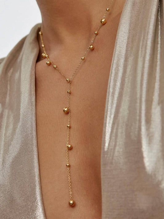 18K Gold Non-Tarnish Beaded Y Lariat Necklace