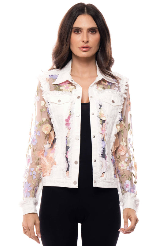 Floral Embroidered Mesh Sleeve Denim Jacket – White (XL)